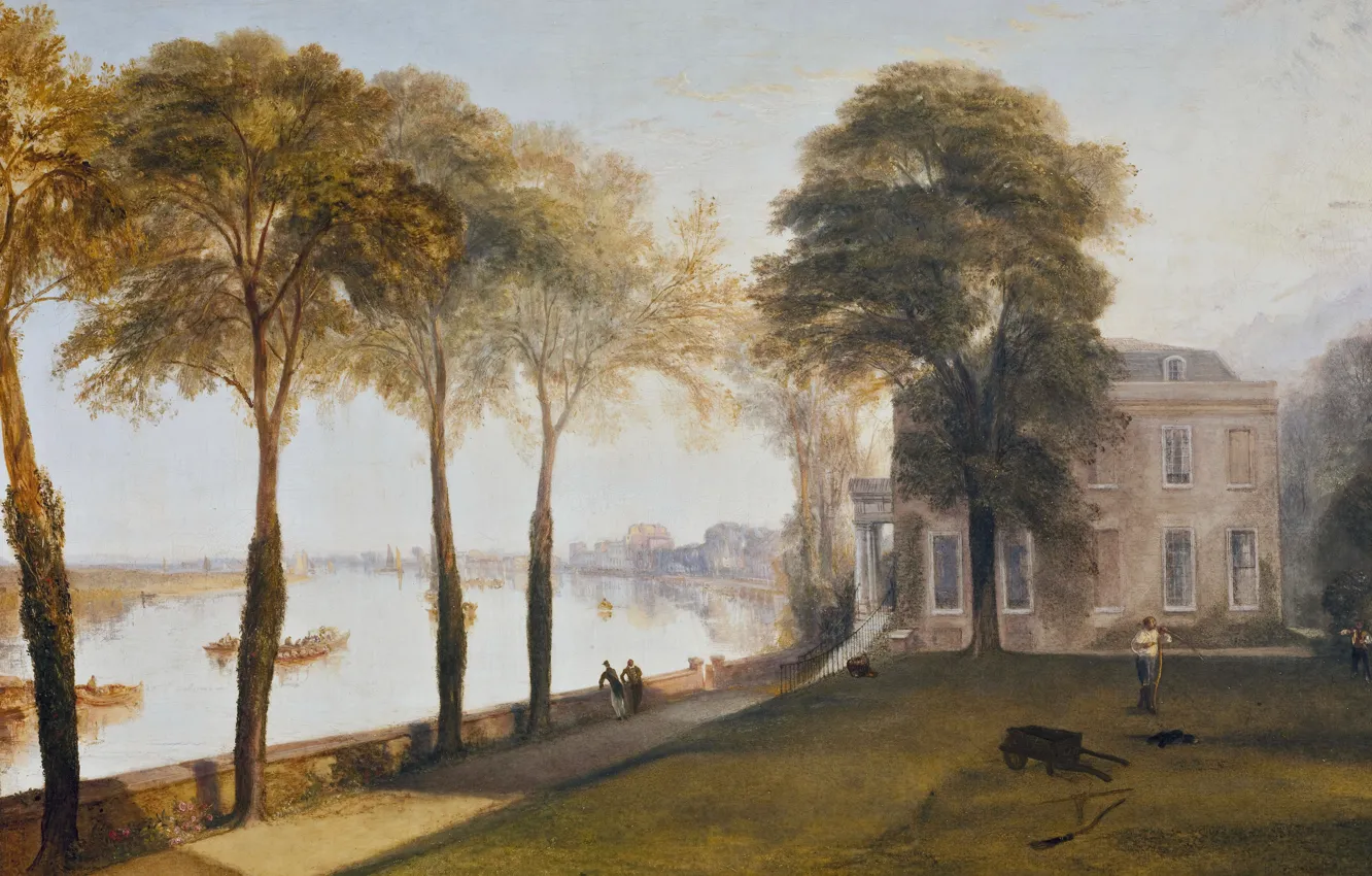 Фото обои деревья, пейзаж, дом, река, картина, Уильям Тёрнер, Early Summer Morning, Mortlake Terrace