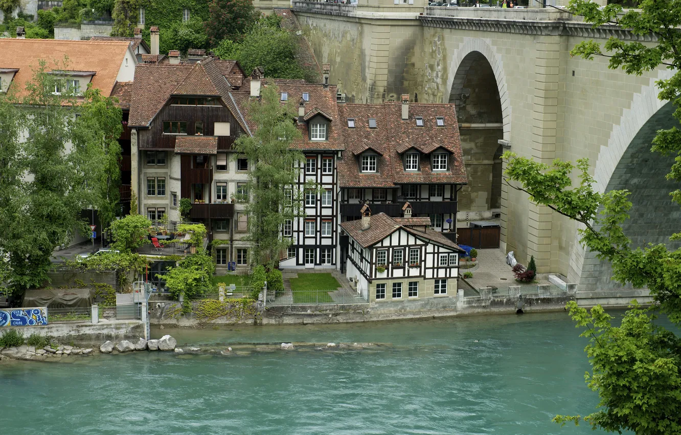 Фото обои деревья, мост, река, дома, Швейцария, опора, Берн