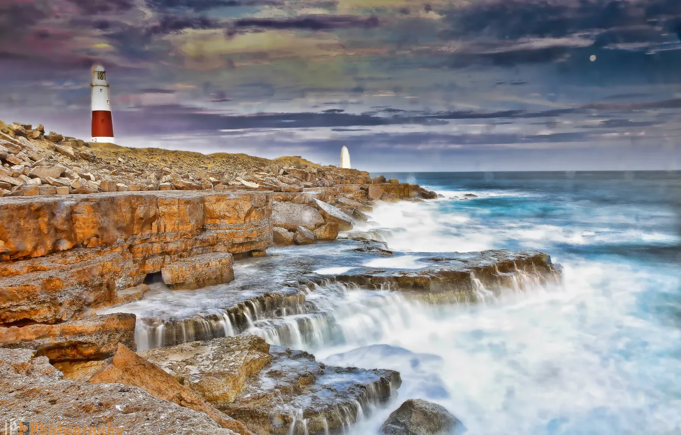 Фото обои море, волны, берег, Великобритания, Portland Bill Lighthouse, Маяк Портланд-Билл, остров Портленд