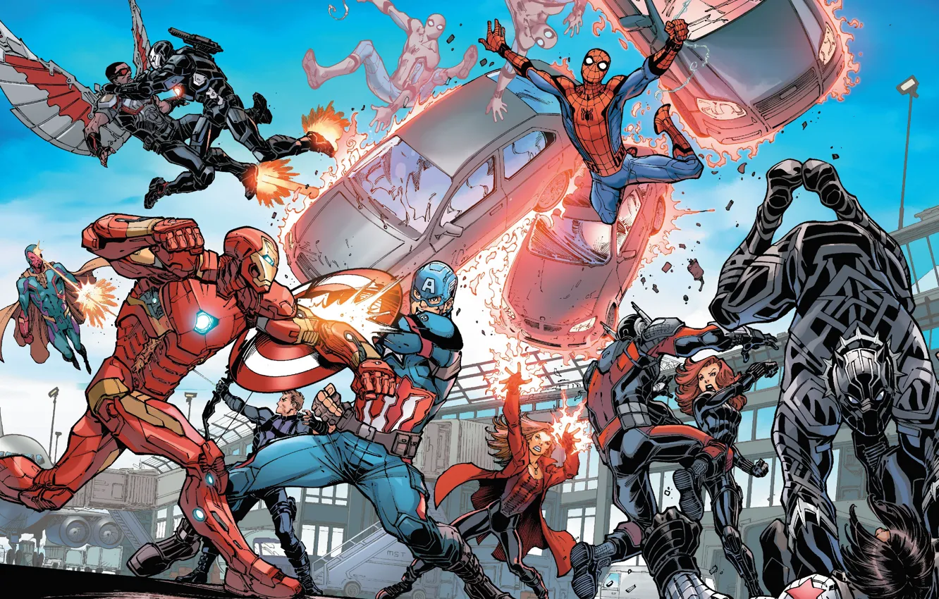 Фото обои captain america, spider man, iron man, black widow, war machine, black panther, ant-man, captain america: …