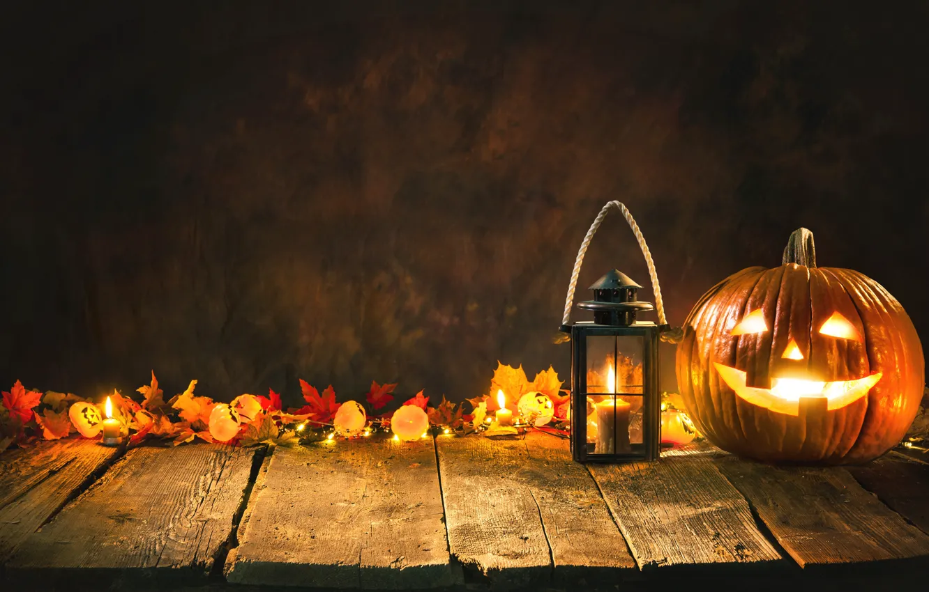 Фото обои осень, листья, улыбка, свечи, Halloween, тыква, хэллоуин, autumn