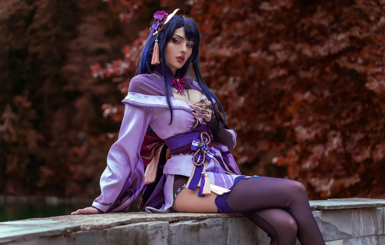 Фото обои чулки, cosplay, Xenon, Косплей, Genshin Impact, cosplay girl, Alin Ma, Raiden Shogun