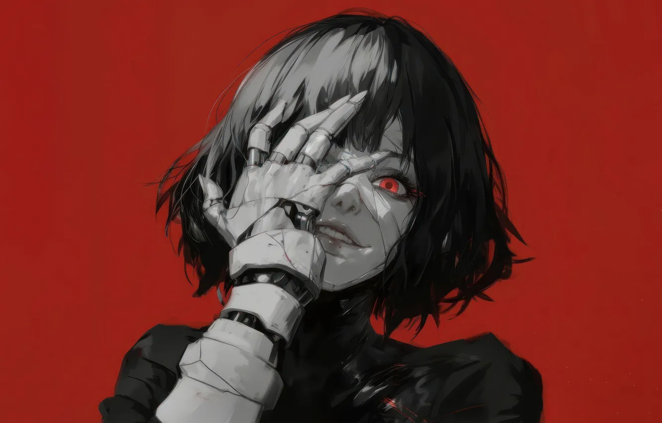 Фото обои Cyborg, red background, Red eyes, Anime Girls