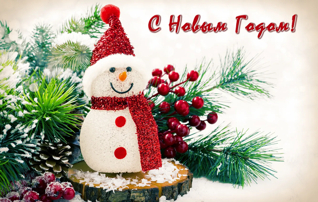 Фото обои ягоды, праздник, шапка, шарф, снеговик, шишка, сосна