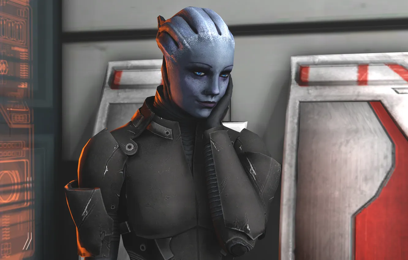 Фото обои улыбка, костюм, mass effect, liara, asari