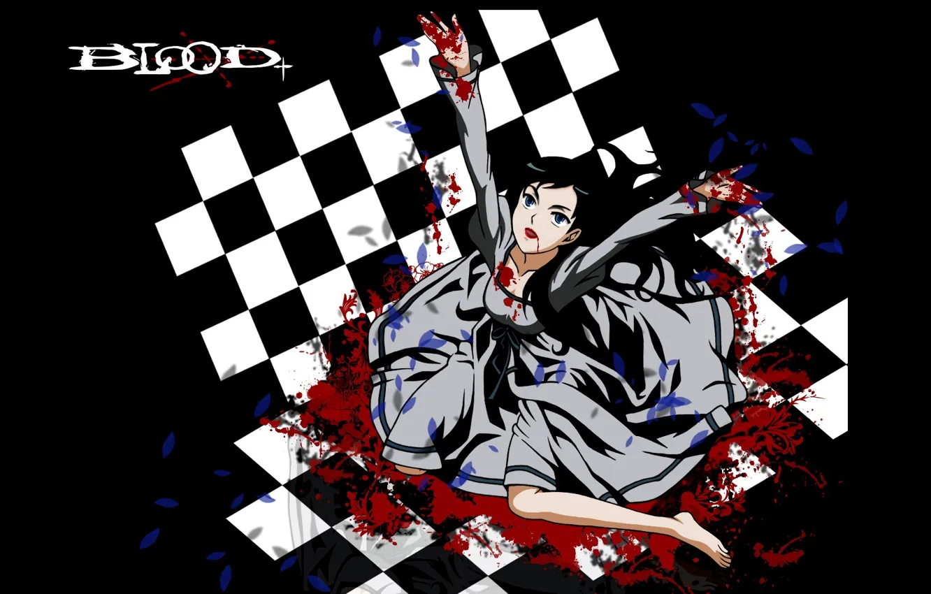 Фото обои тьма, безумие, Blood+, шахматная доска, diva, брызги крови, лужа крови, art Hayashi Nomura