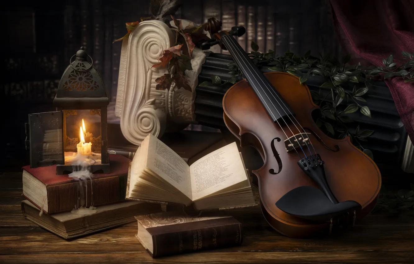 Фото обои музыка, скрипка, книга, натюрморт