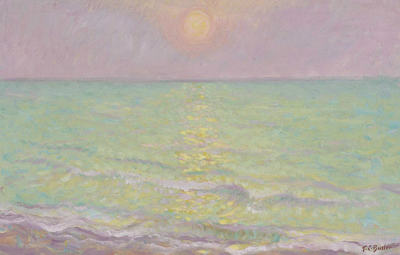 Фото обои море, солнце, отражение, краски, картина, морской пейзаж, Theodore Earl Butler, Seine-Mar