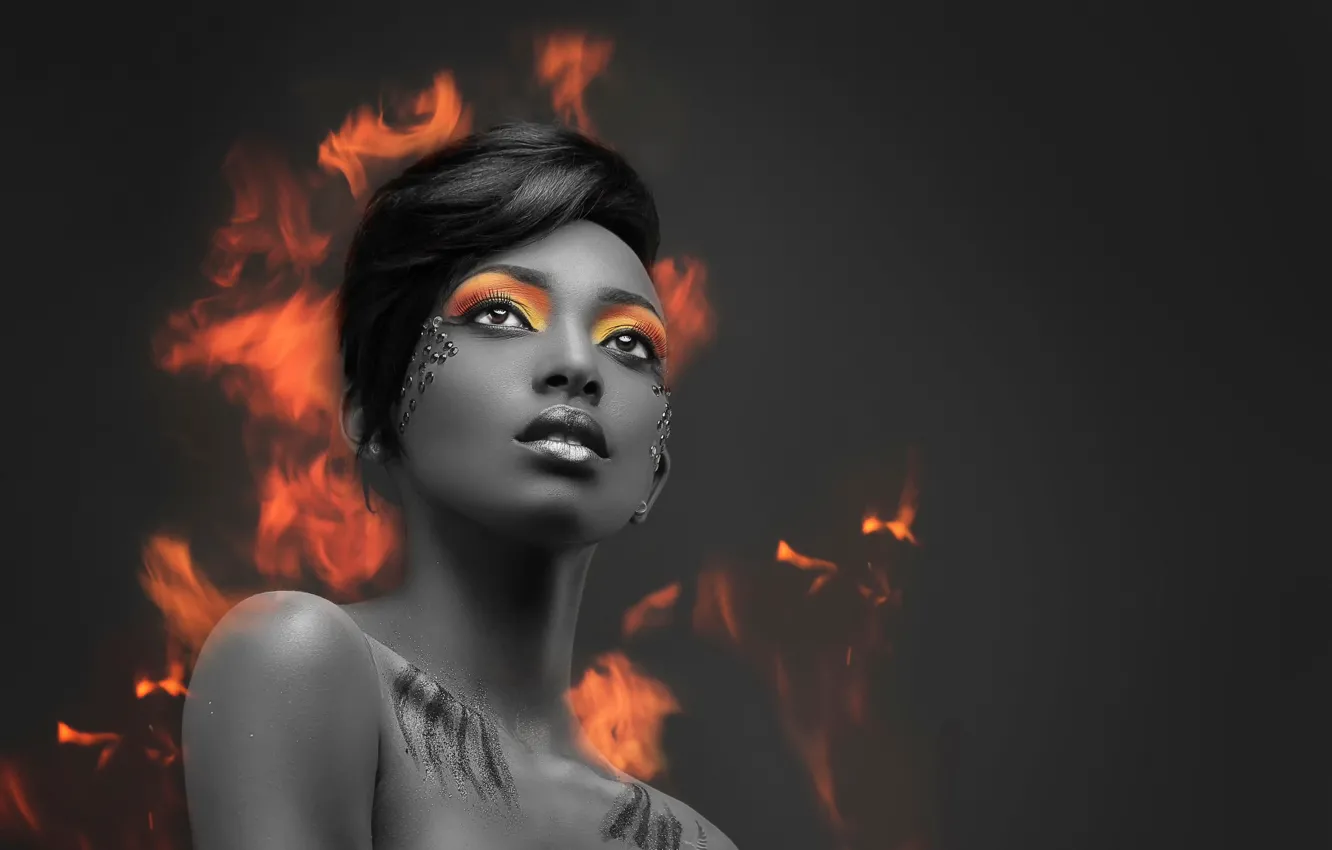 Фото обои огонь, портрет, макияж, Alternative Edit, Pheonix
