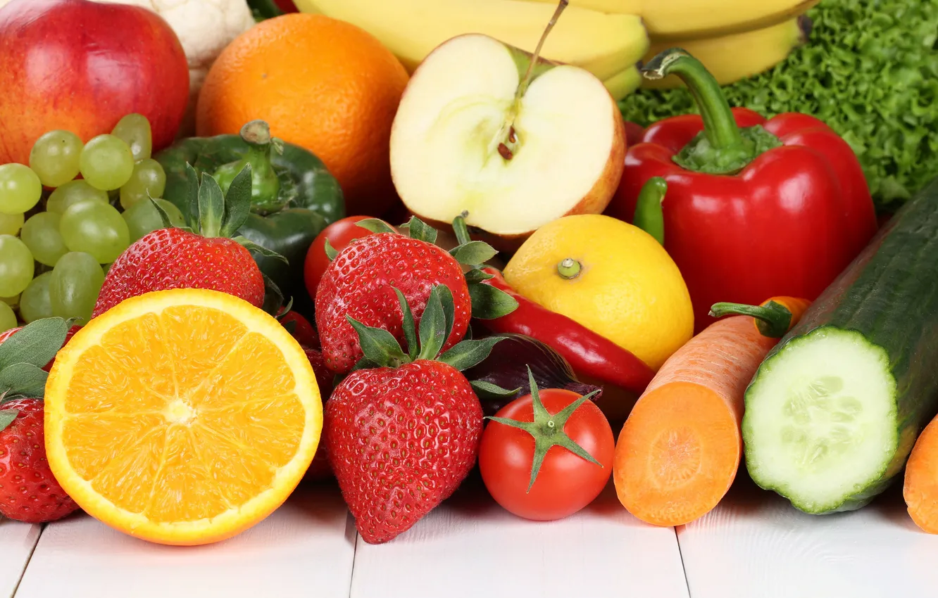 Фото обои лимон, apple, яблоко, апельсин, клубника, виноград, перец, фрукты