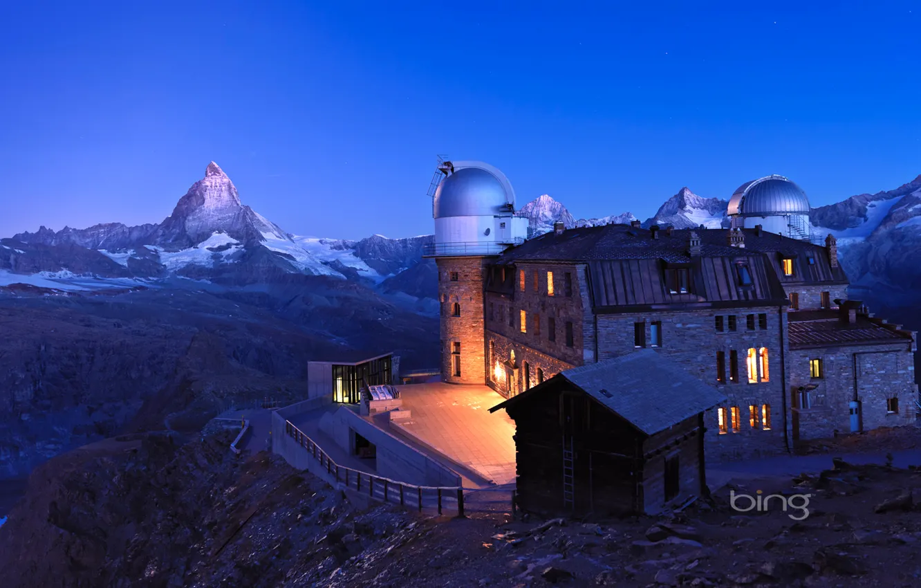 Фото обои небо, горы, Швейцария, Switzerland, обсерватория, Zermatt, метеостанция, Kulm Hotel