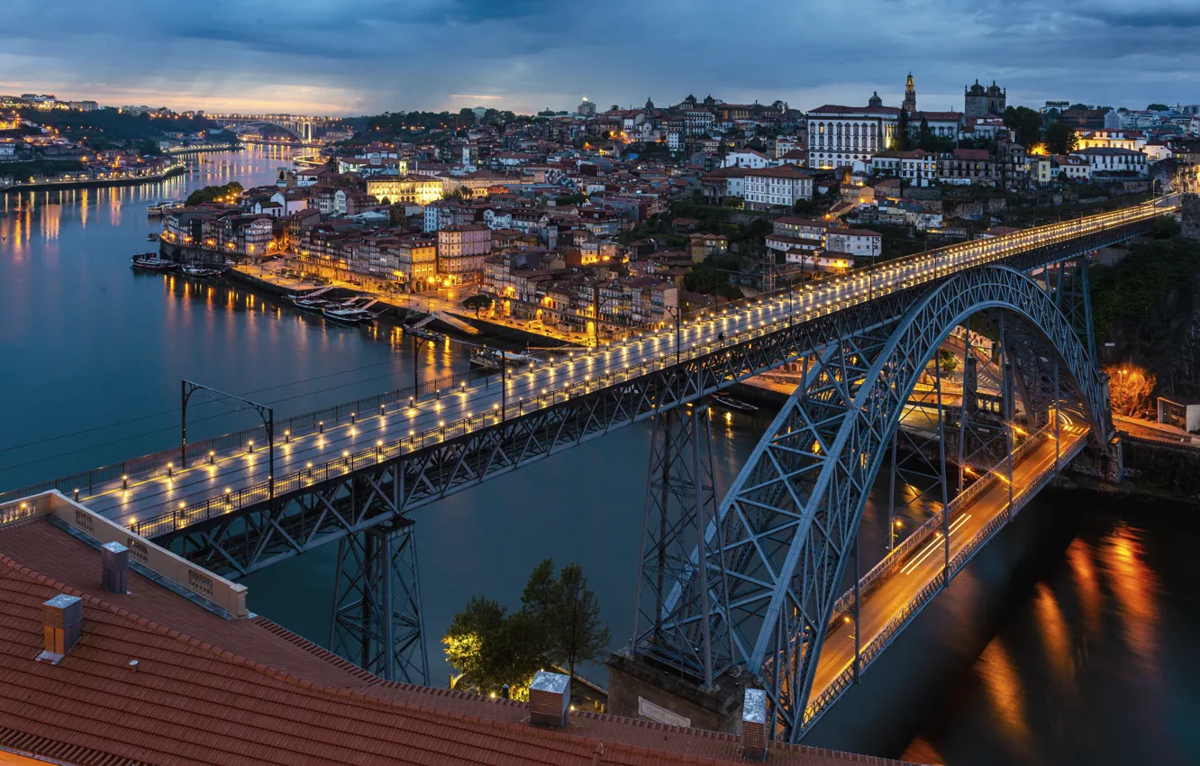 Фото обои мост, река, здания, дома, Португалия, ночной город, Portugal, Porto