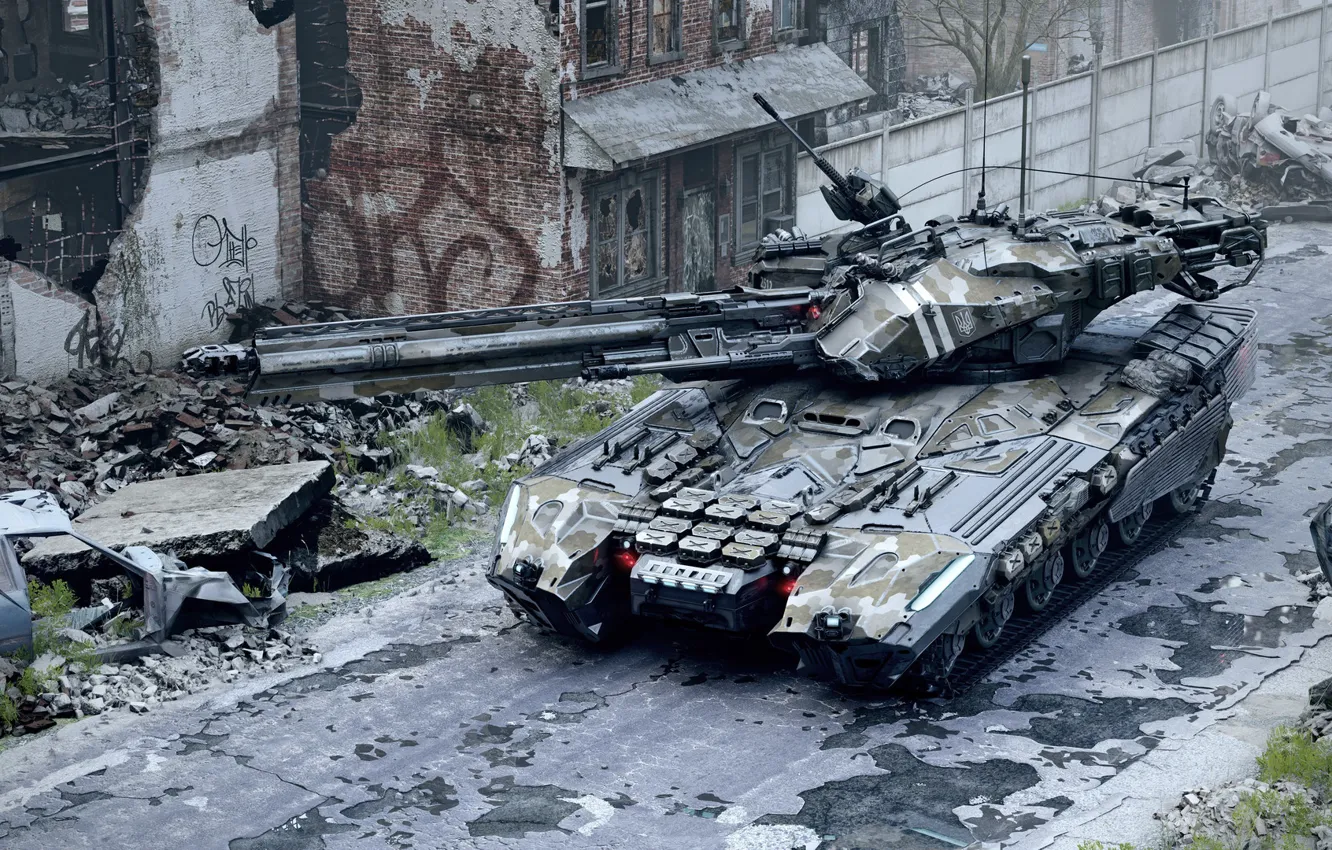 Фото обои город, рендеринг, танк, Valentine Sorokin, UMBT-600 "SOKIRA"