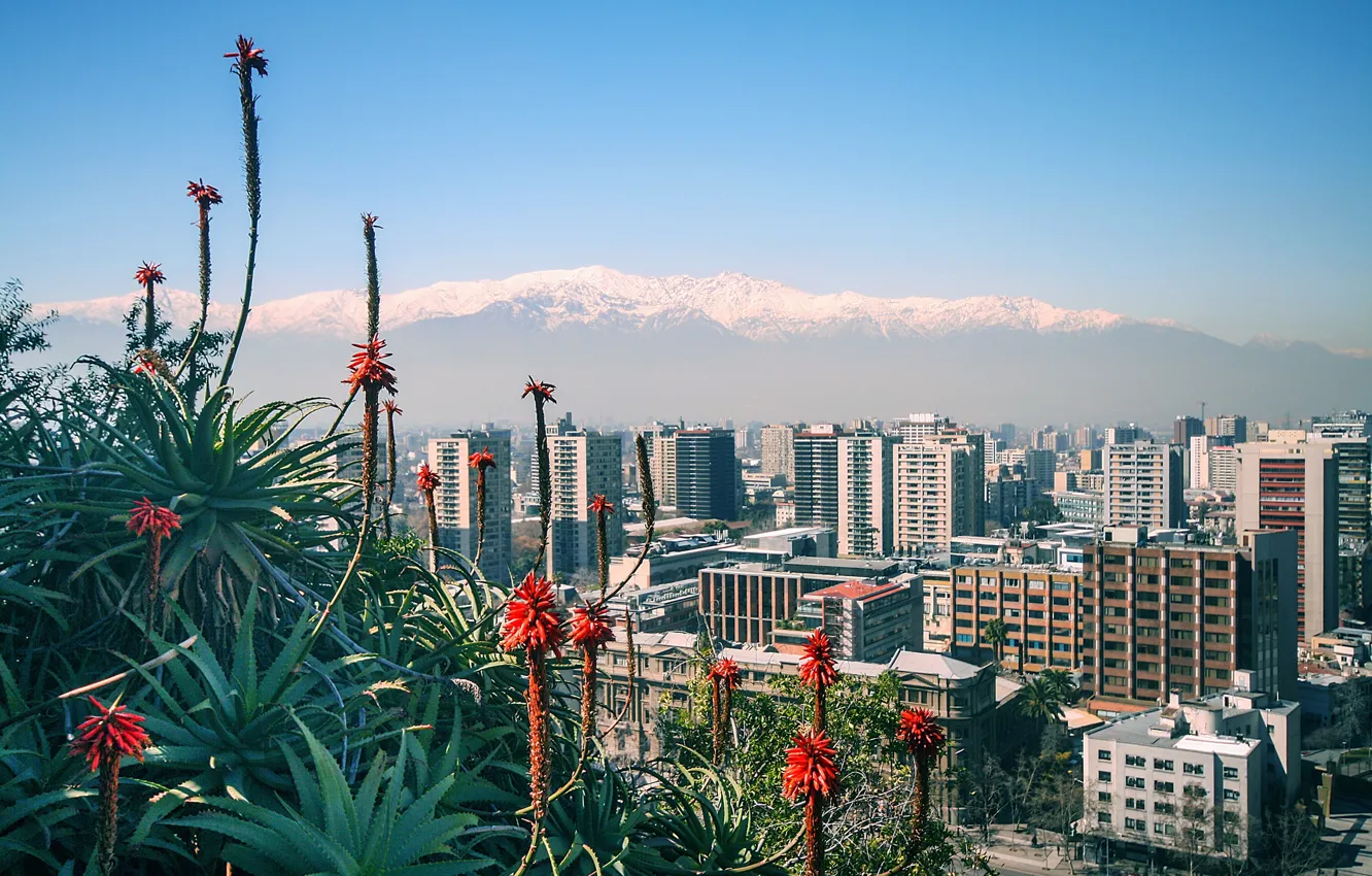 Фото обои горы, дома, Чили, Santiago, Chile, Сантьяго, view of the Andes, Санта Лючия