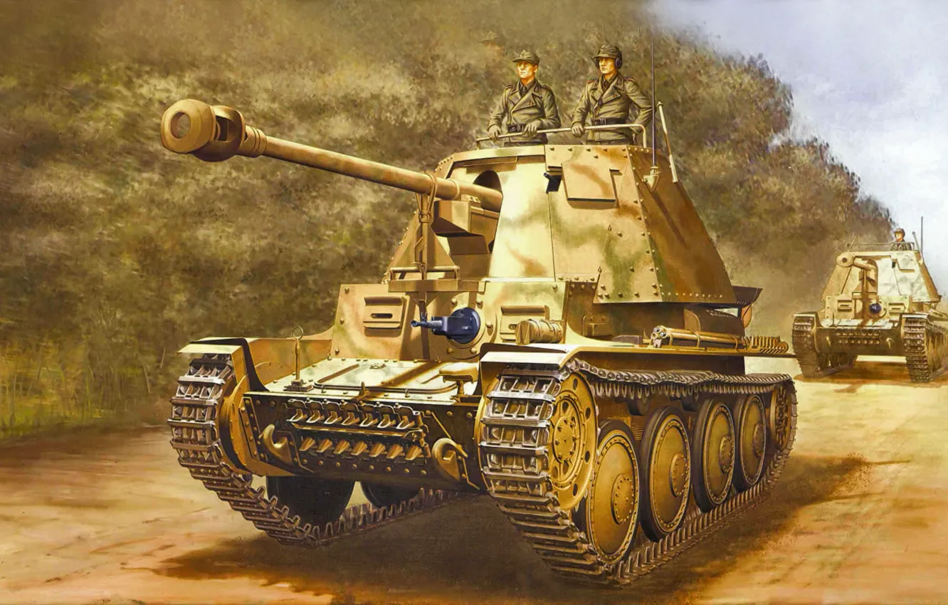 Фото обои weapon, war, art, painting, tank, ww2, German 7.5cm Pak40 Fgst.Pz.Kpfw.Marder III Ausf.H