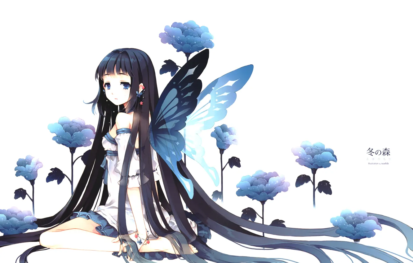 Фото обои цветок, девушка, синий, бабочка, брюнетка, Girl, flower, длинные волосы