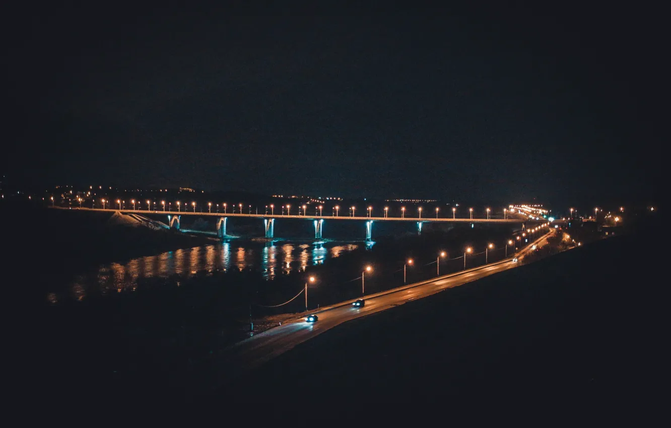 Фото обои ночь, мост, город, река, фонари, Россия, Russia, Ока