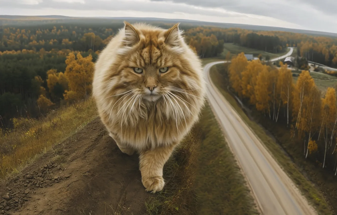Фото обои Дорога, Взгляд, Кошка, Лес, Кот, Спереди, Цифровое искусство, ИИ-арт
