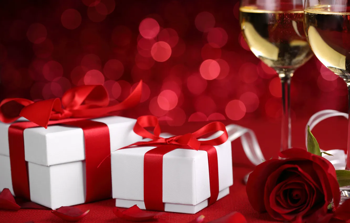 Фото обои цветок, роза, бокалы, подарки, love, шампанское, День Святого Валентина