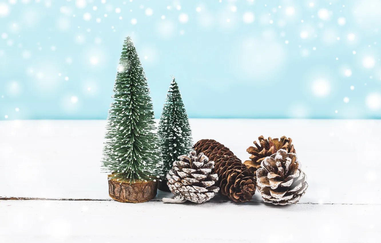 Фото обои зима, фон, елки, Рождество, Новый год, шишки, декор, Valeria Aksakova