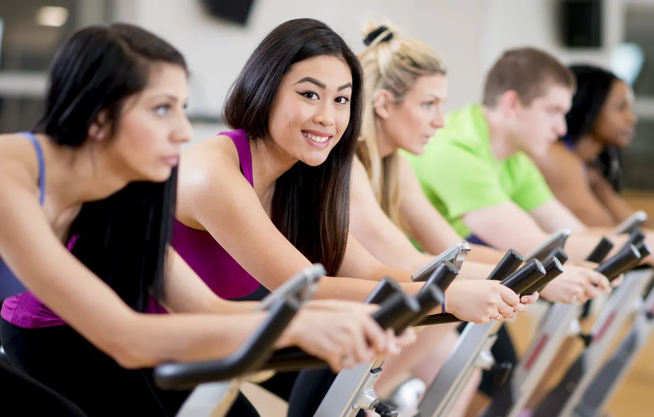 Фото обои women, workout, fitness, gym, stationary bicycle
