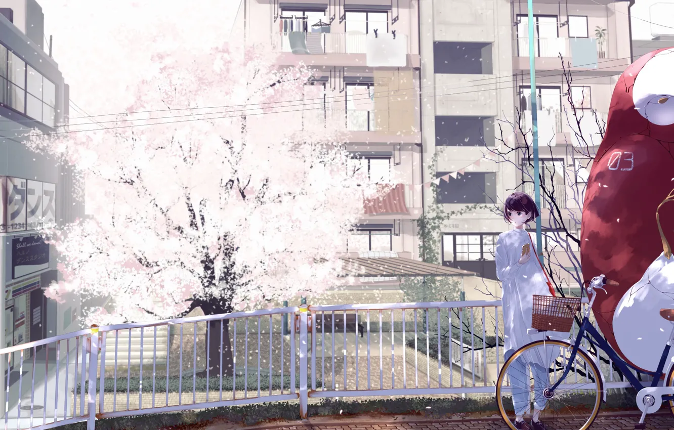 Фото обои девушка, мост, велосипед, город, дерево, дома, аниме, сакура
