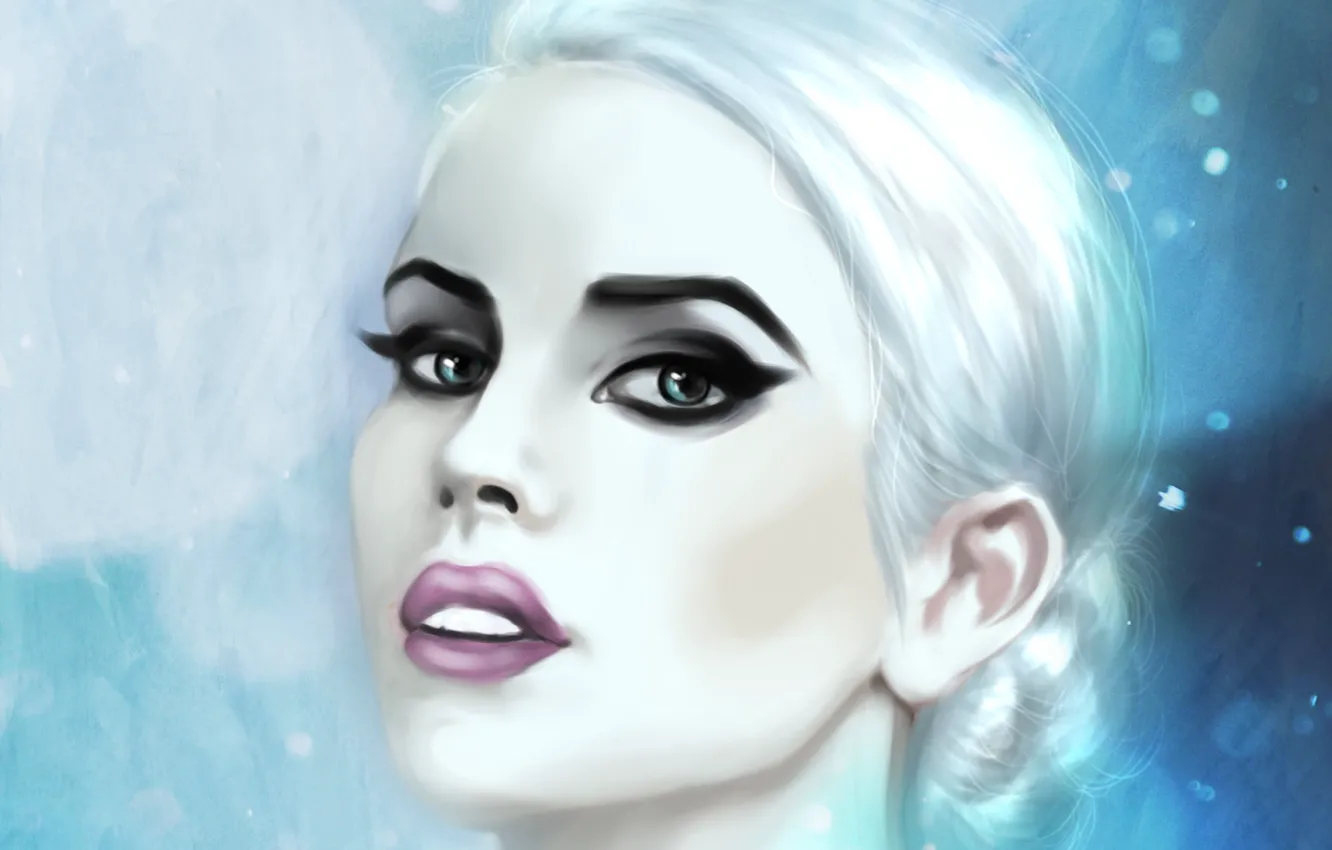 Фото обои холод, глаза, взгляд, девушка, снег, лицо, макияж, арт