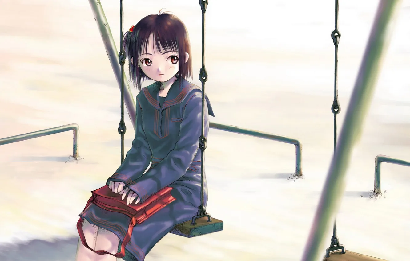 Фото обои снег, качели, девочка