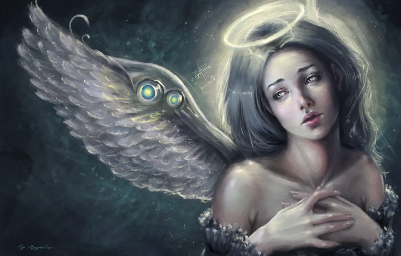 Фото обои взгляд, девушка, лицо, фантастика, крылья, ангел, арт, нимб