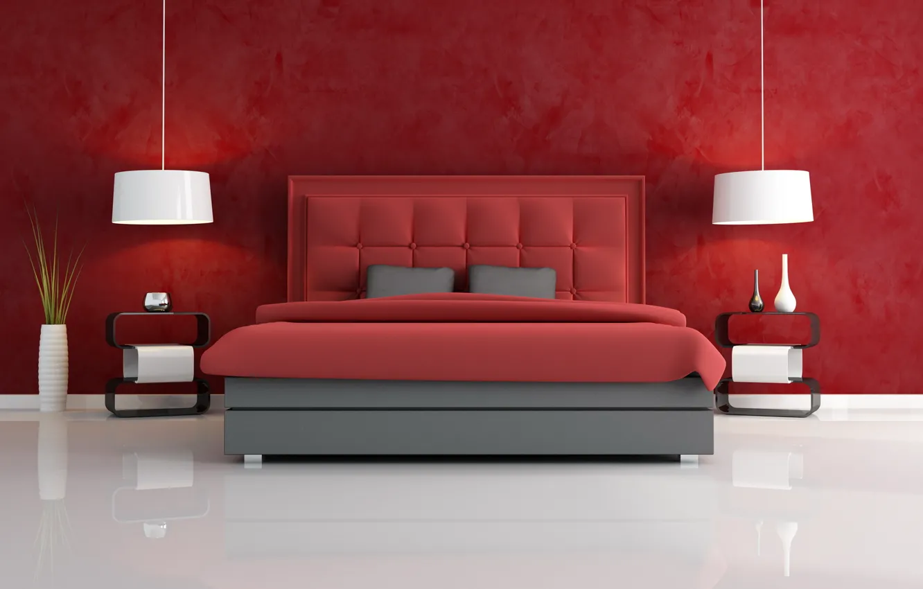 Фото обои белый, красный, стиль, комната, кровать, вазы