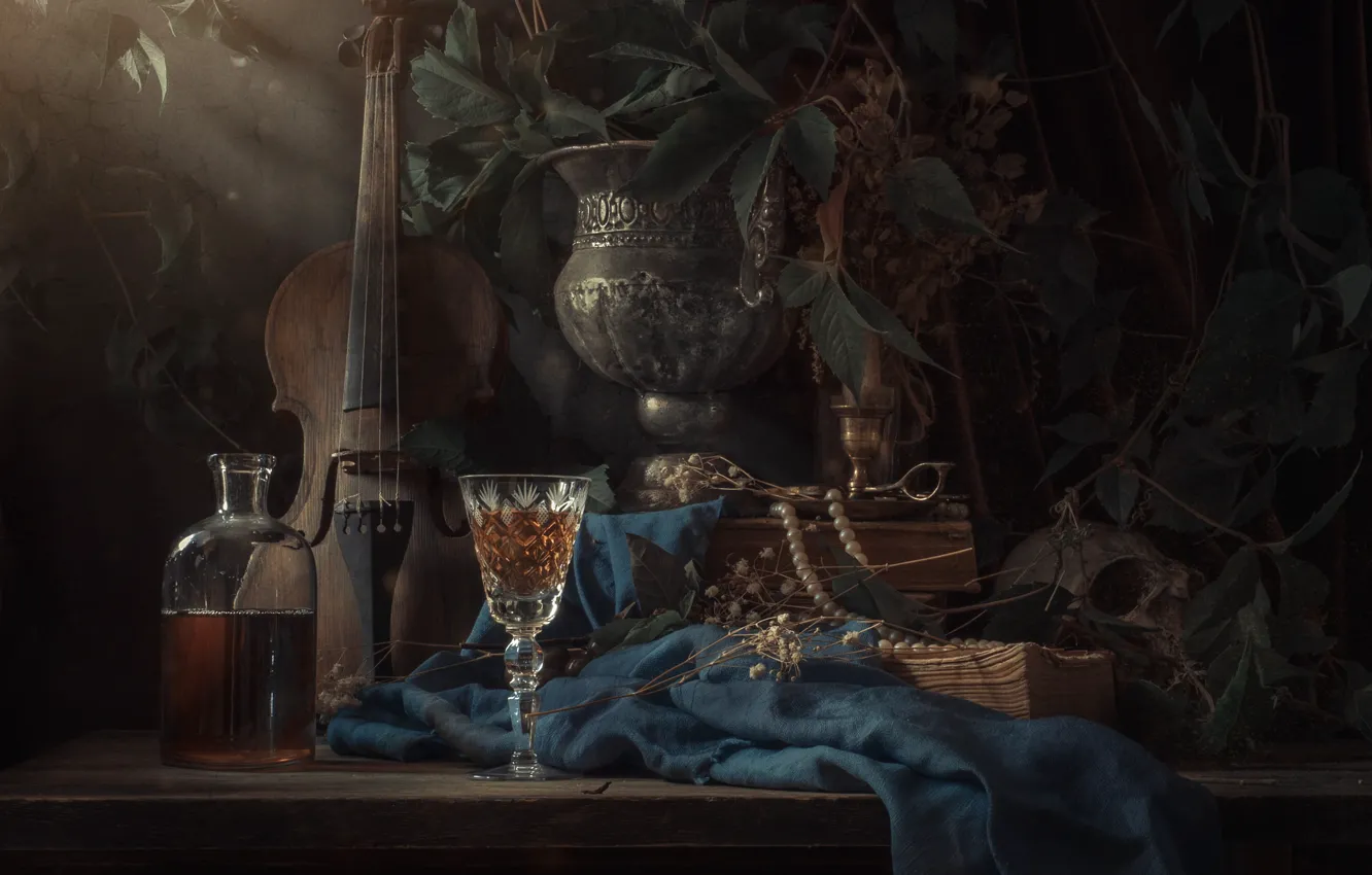 Фото обои скрипка, бокал, череп, ожерелье, книга, натюрморт