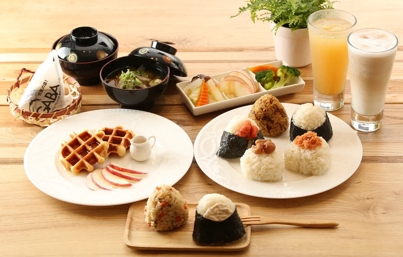 Фото обои завтрак, суп, рис, напитки, овощи, вафли, роллы