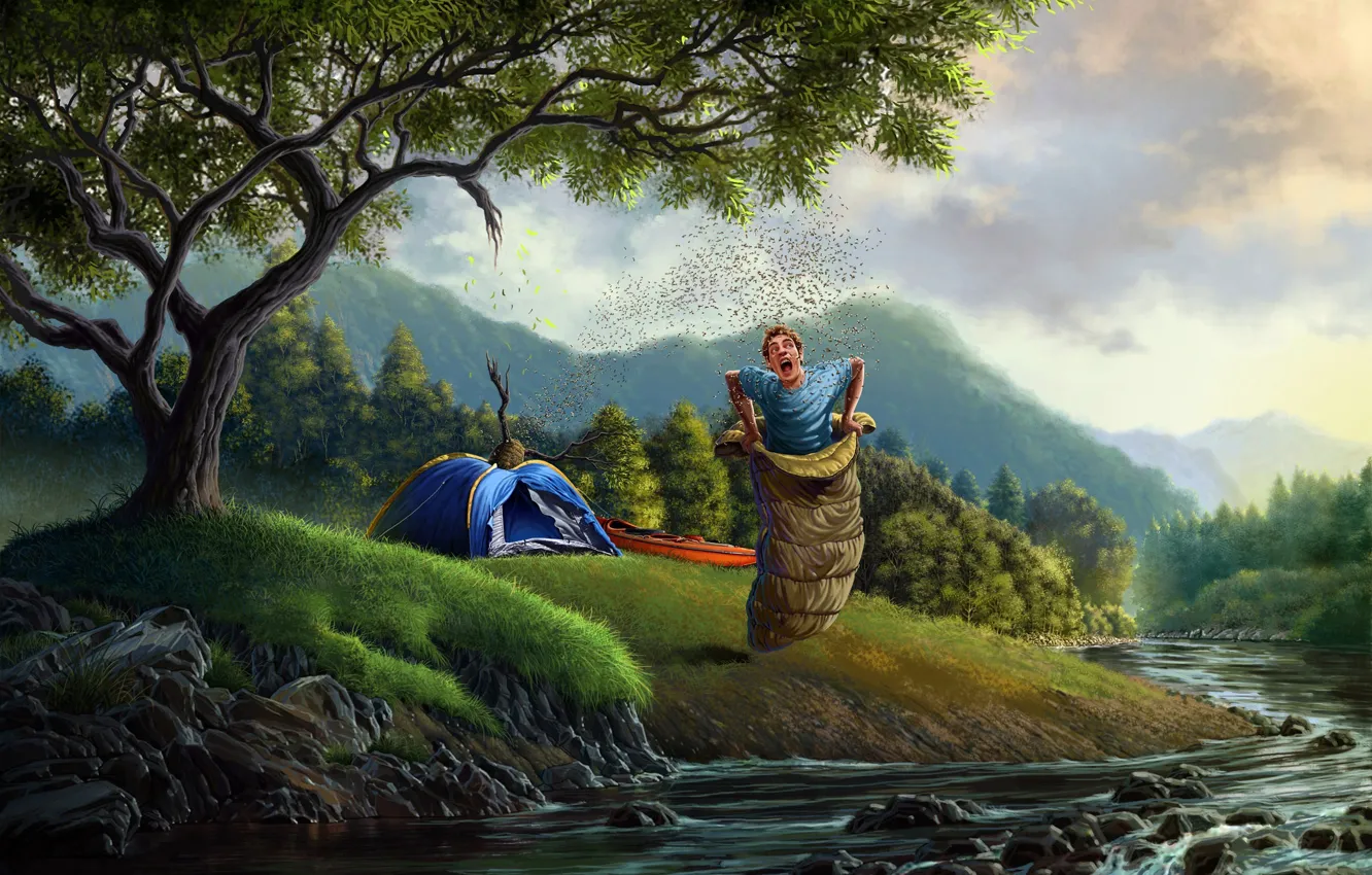 Фото обои лес, деревья, река, арт, палатка, парень, спальный мешок, улей