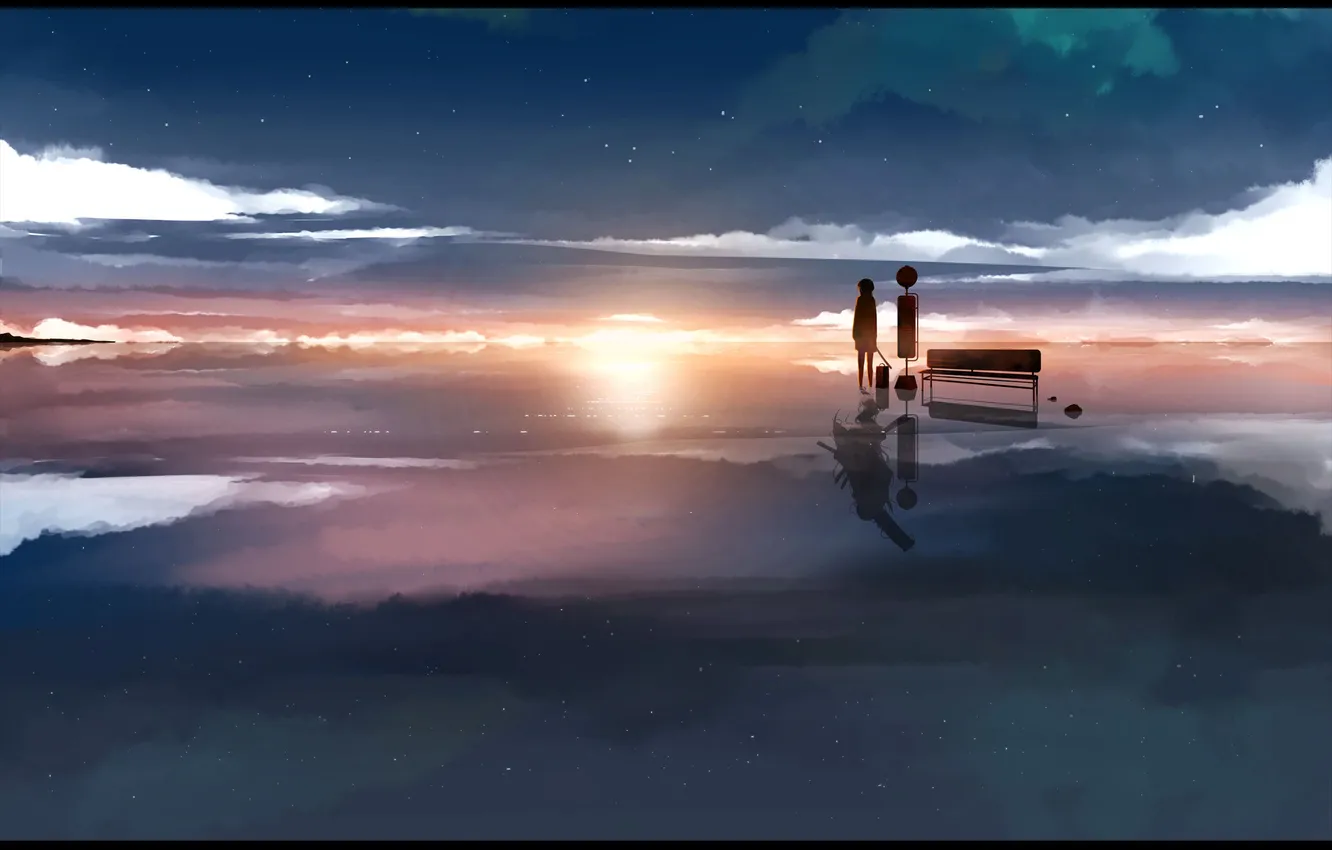 Фото обои вода, облака, закат, скамейка, отражение, оружие, горизонт, девочка