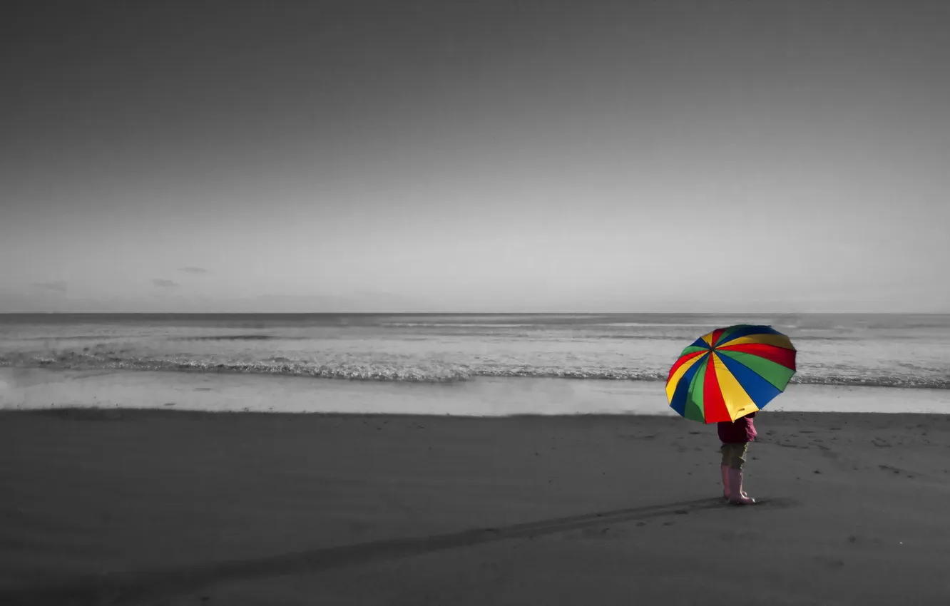 Фото обои море, настроение, зонт, девочка