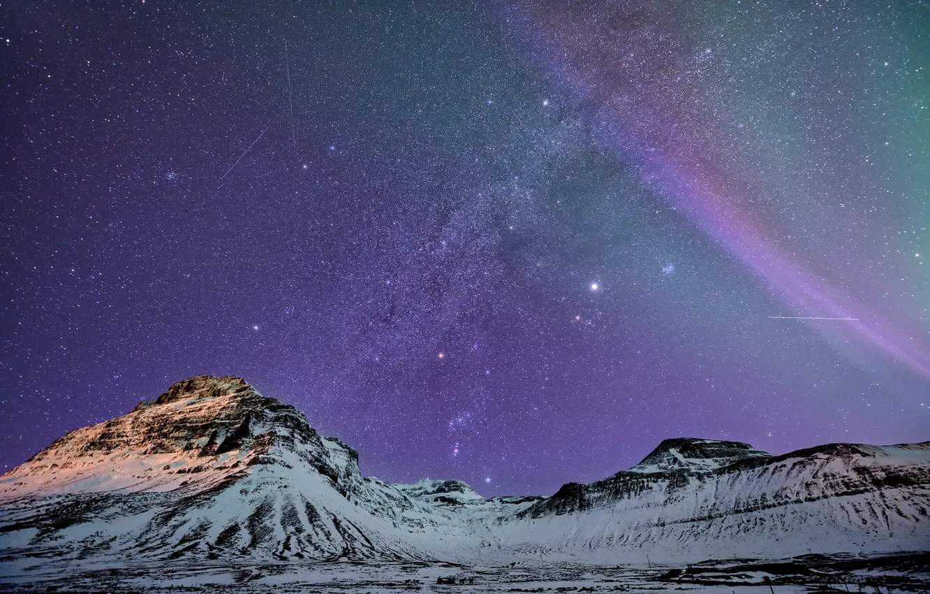 Фото обои небо, звезды, горы, ночь, гора, Исландия, by Greg Annandale