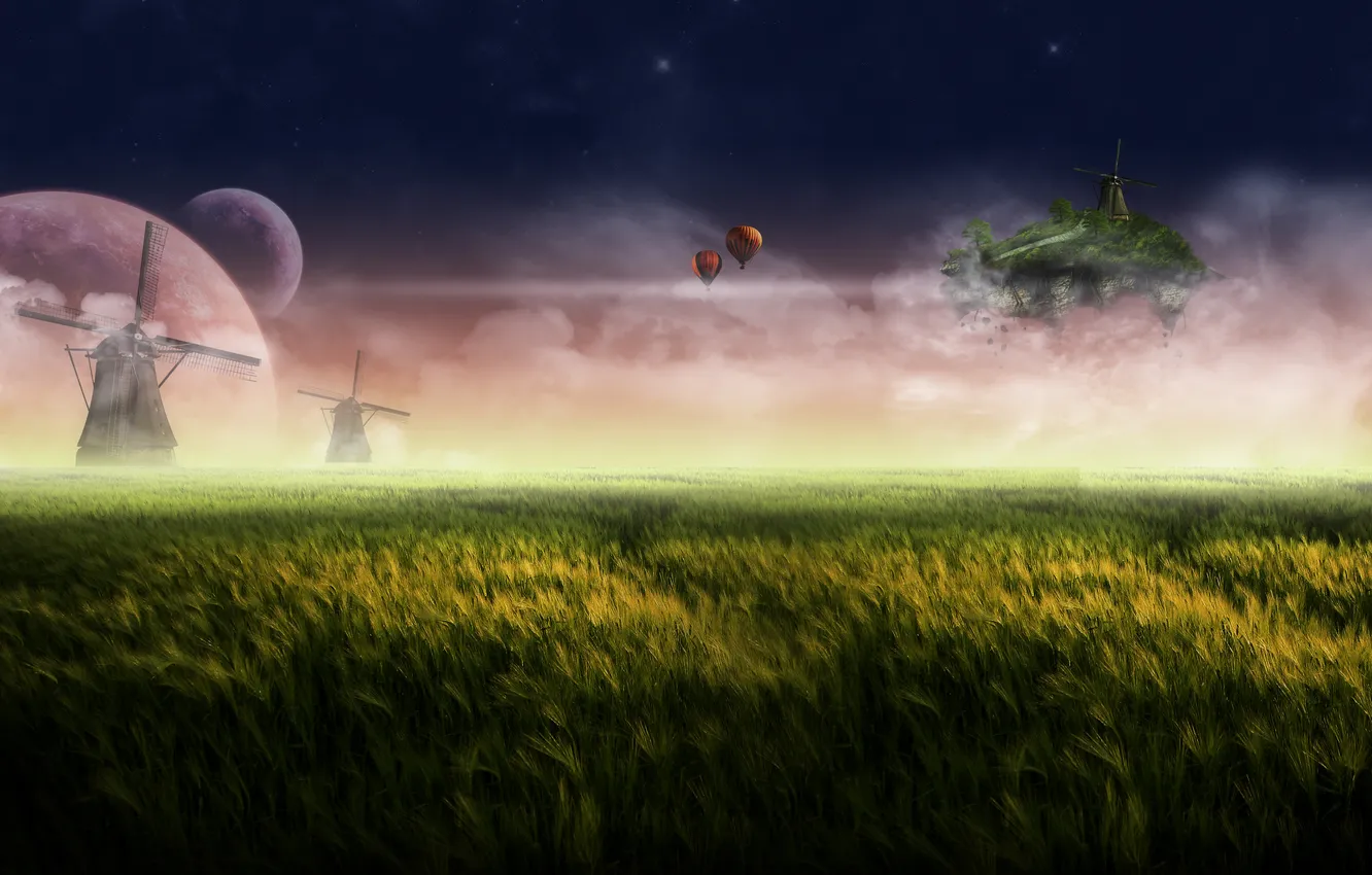 Фото обои трава, остров, мельницы, летучий