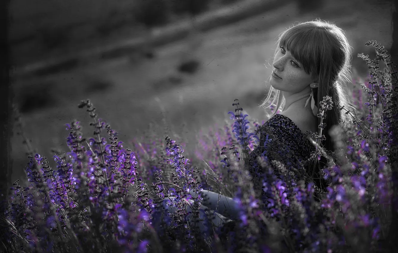 Фото обои девушка, веснушки, цветочки, purple dream