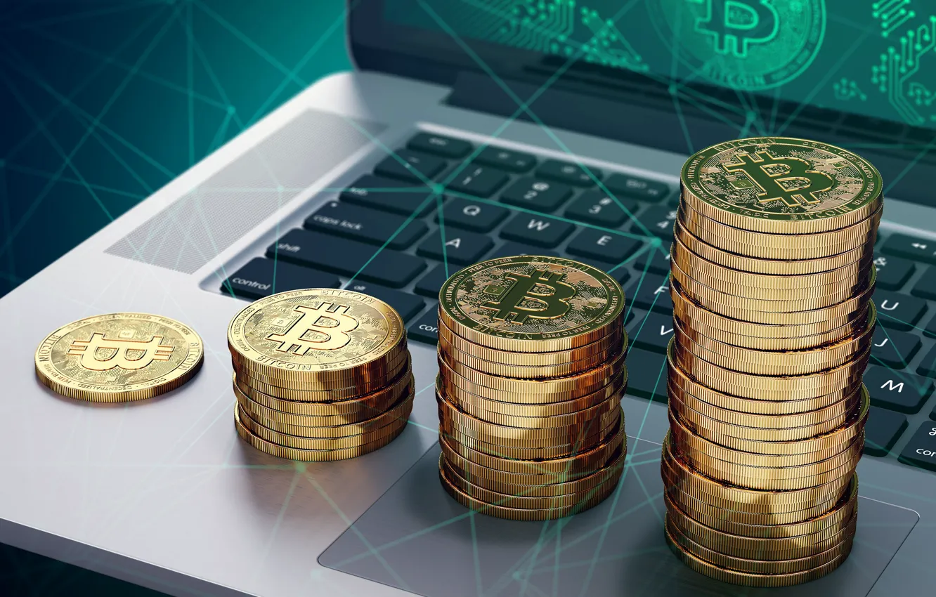 Фото обои ноутбук, монеты, notebook, bitcoin, стопки, биткоин, btc