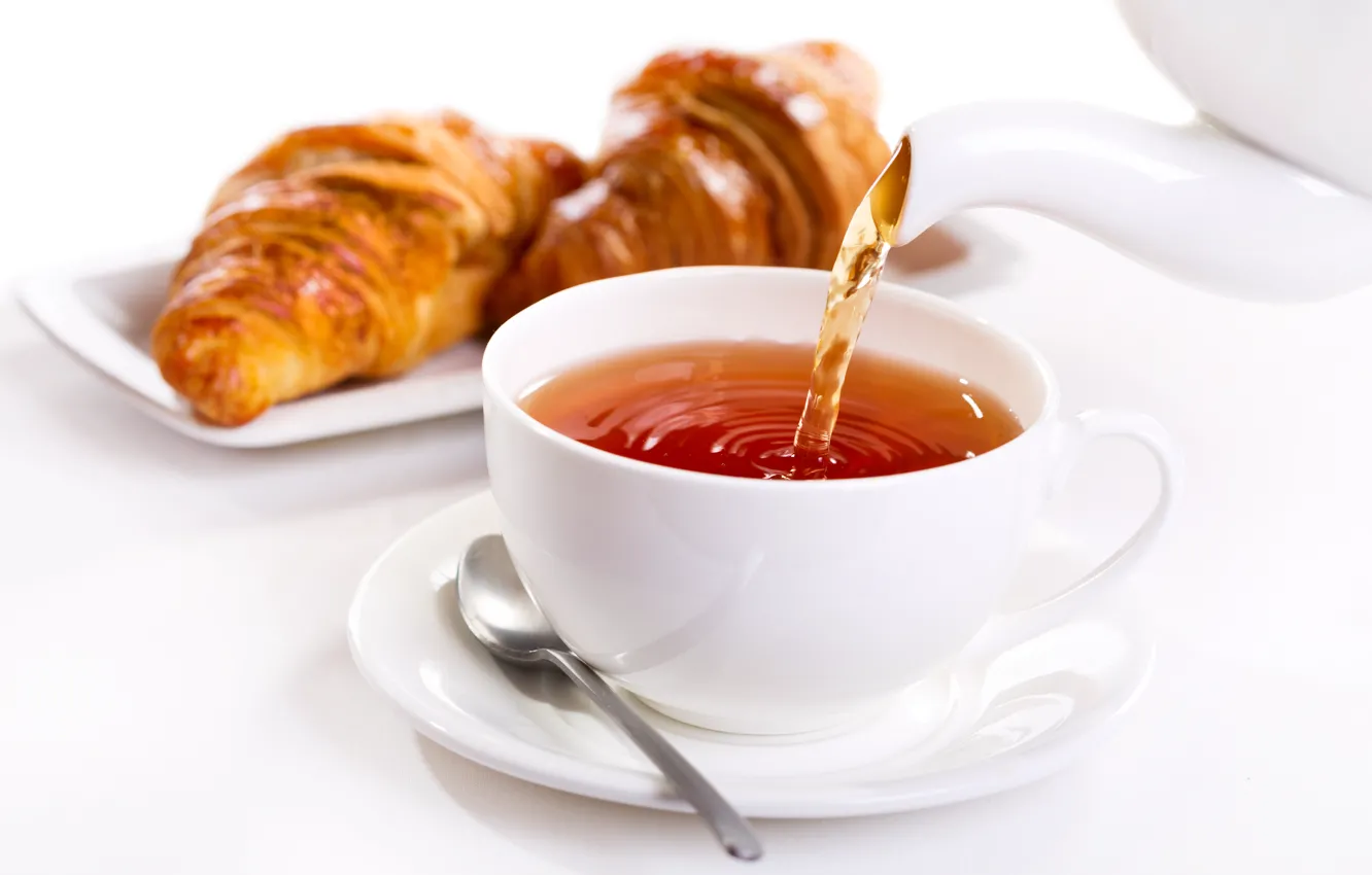 Фото обои чай, завтрак, cup, croissant, breakfast, круассан, tea