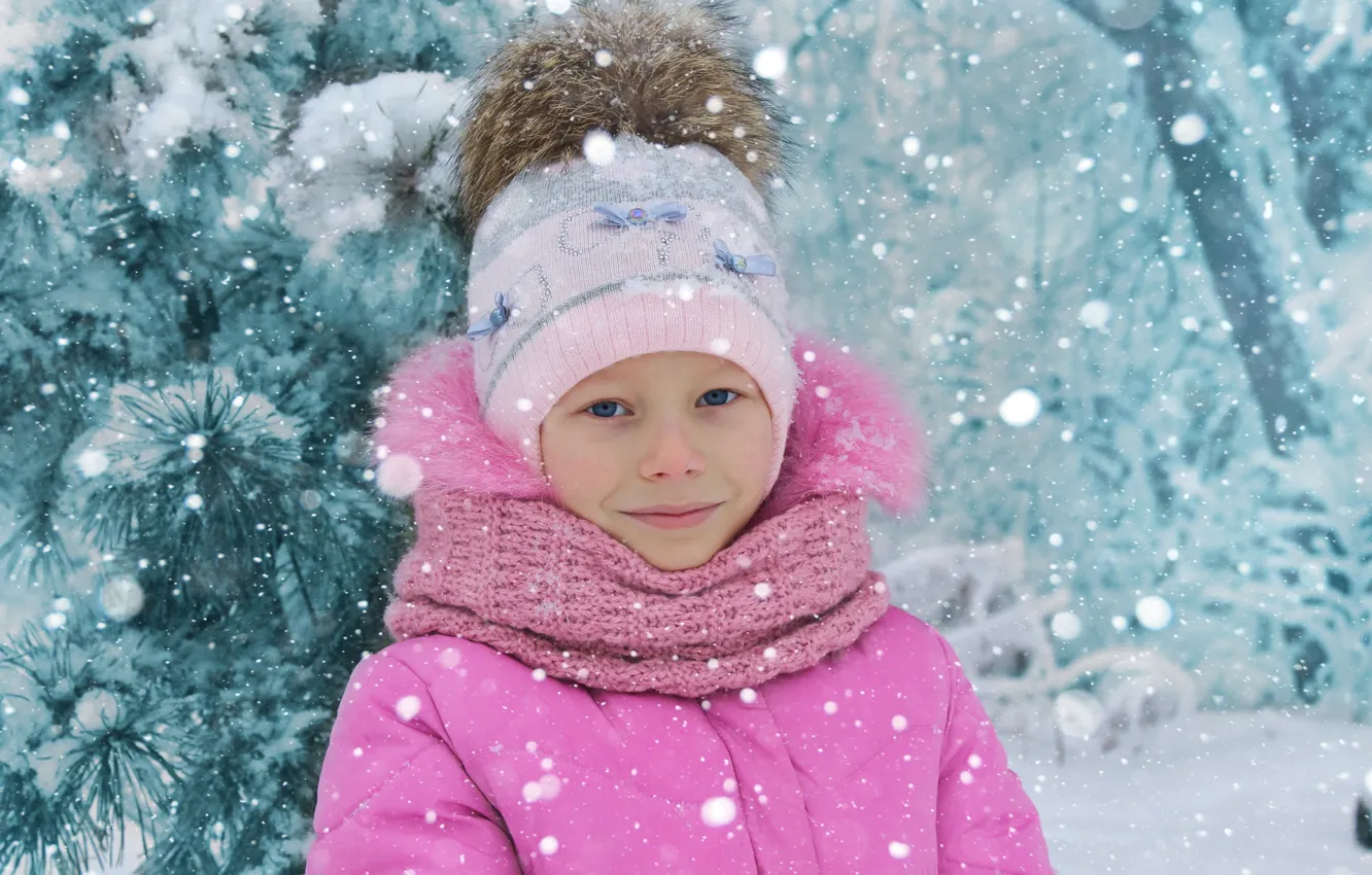 Фото обои зима, улыбка, шапка, девочка