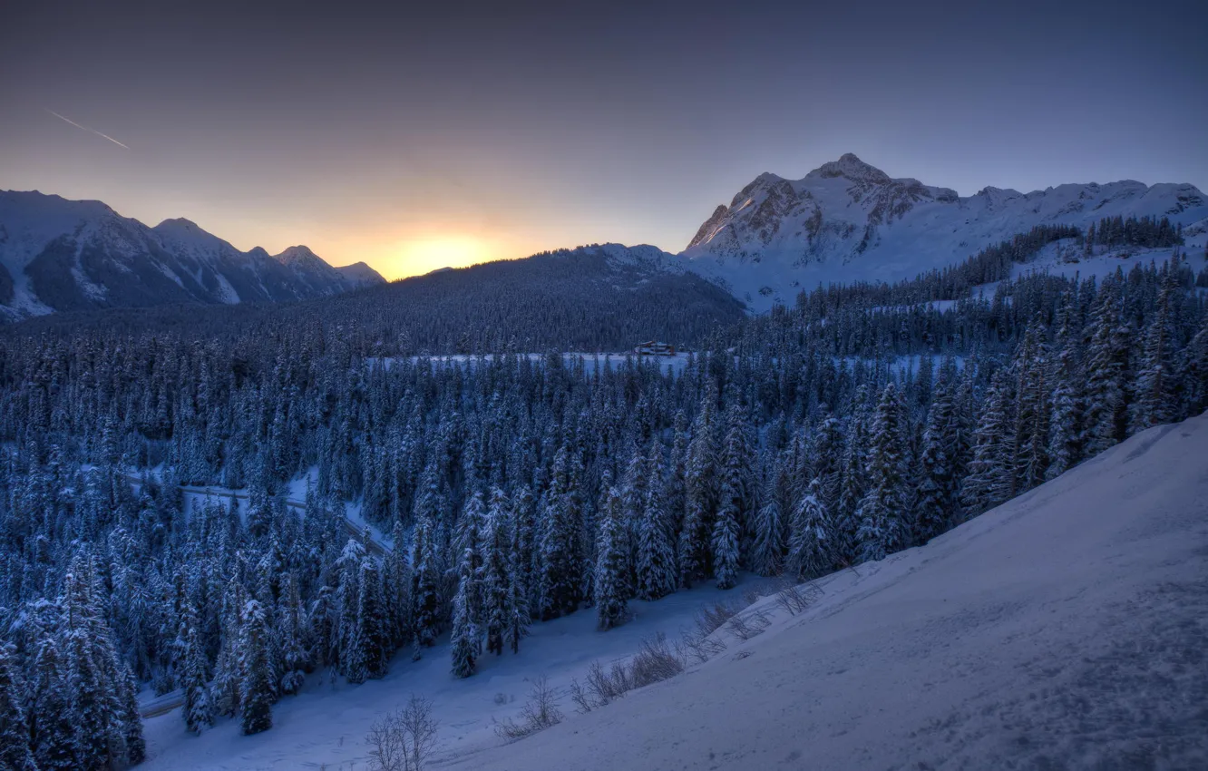 Фото обои зима, лес, снег, горы, рассвет