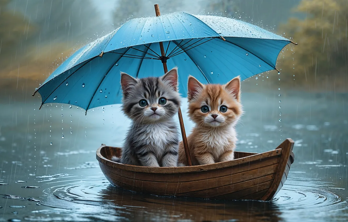 Фото обои взгляд, капли, кошки, природа, поза, озеро, котенок, серый