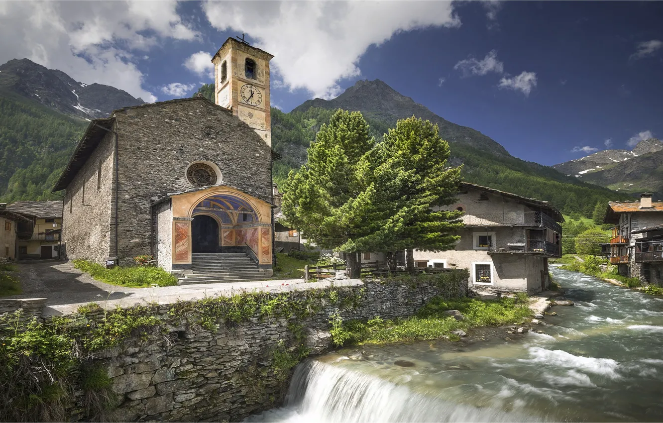 Фото обои горы, Италия, речка, часовня
