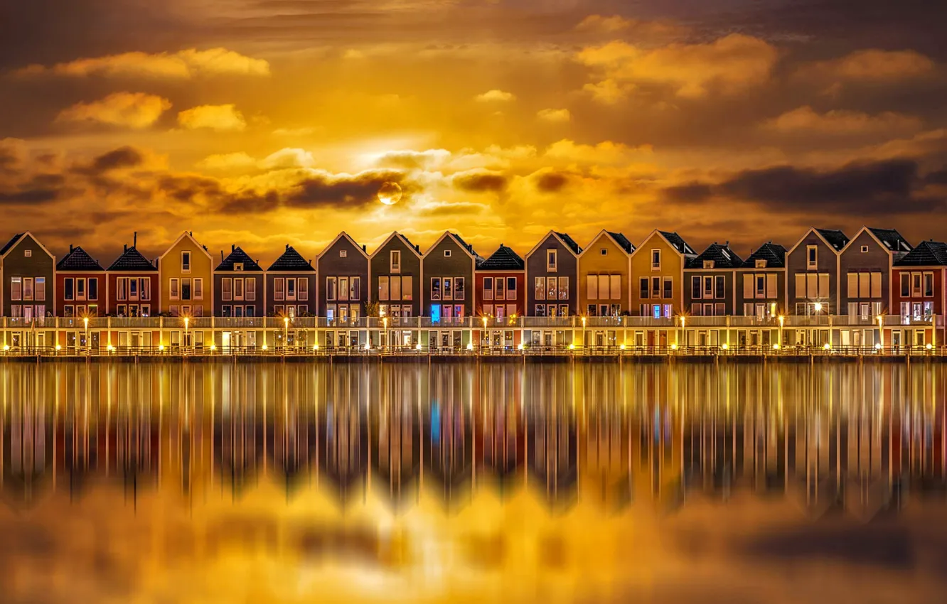 Фото обои ночь, огни, дома, Нидерланды, Хаутен