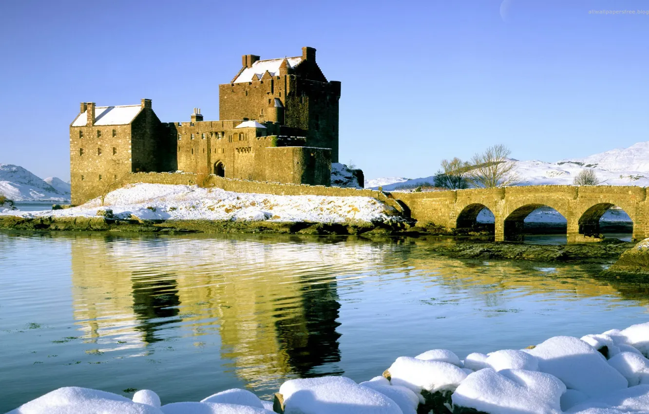 Фото обои зима, небо, снег, мост, река, замок