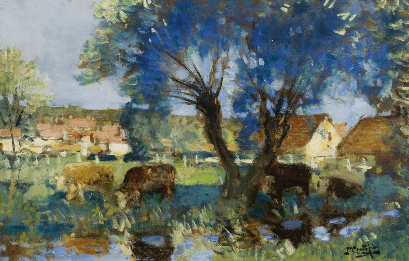 Фото обои пейзаж, картина, Пьер Эжен Монтезин, Pierre-Eugene Montezin, Коровы у Воды