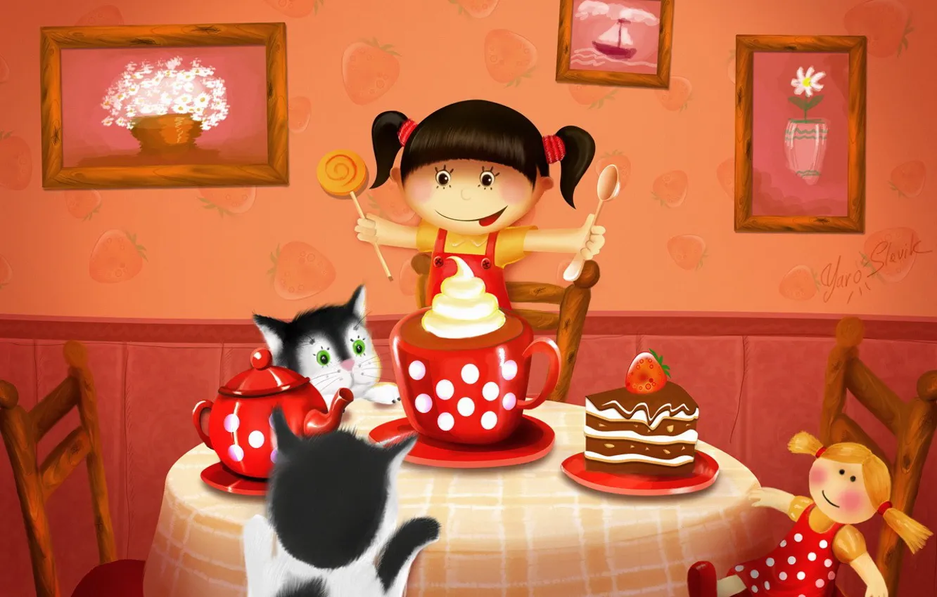 Фото обои кошки, стол, чай, рисунок, кукла, пирог, девочка, картины