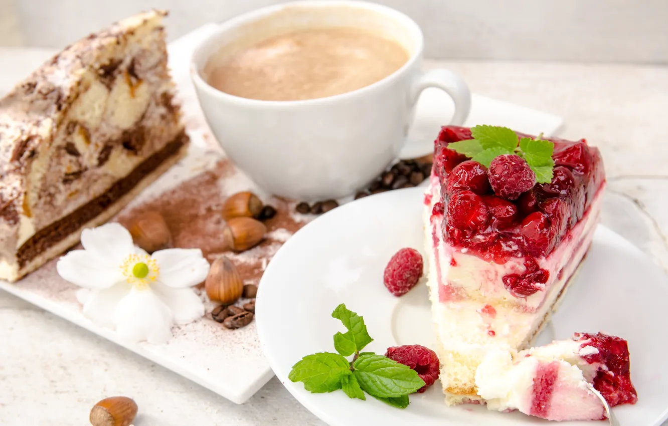 Фото обои ягоды, малина, кофе, еда, шоколад, зерна, чашка, торт