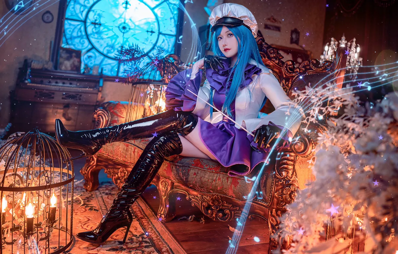 Фото обои ноты, комната, азиатка, голубые волосы, красивая девушка, косплей, cosplay, room